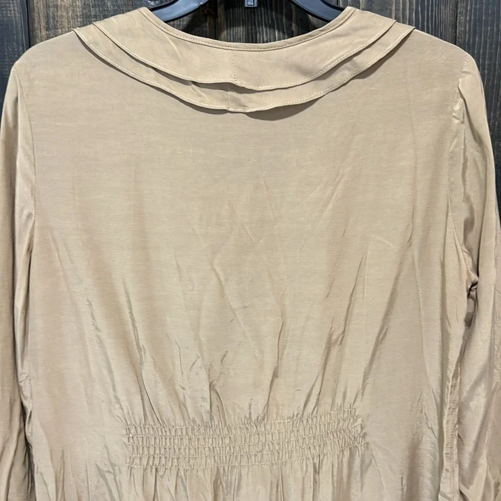 Zara Woman Khaki‎ Ruffle Mini Dress M Cinch Waist Neutral Minimalist Goblincore